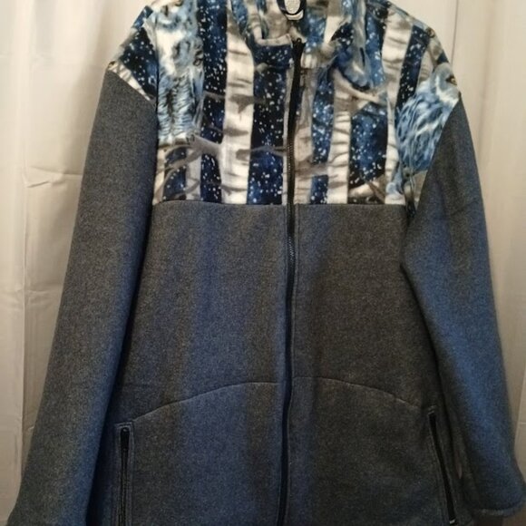 New Fleece Mock neck Sweatshirt XXL Blue Gray Owls contrast Full zip 2 pockets - Picture 4 of 11